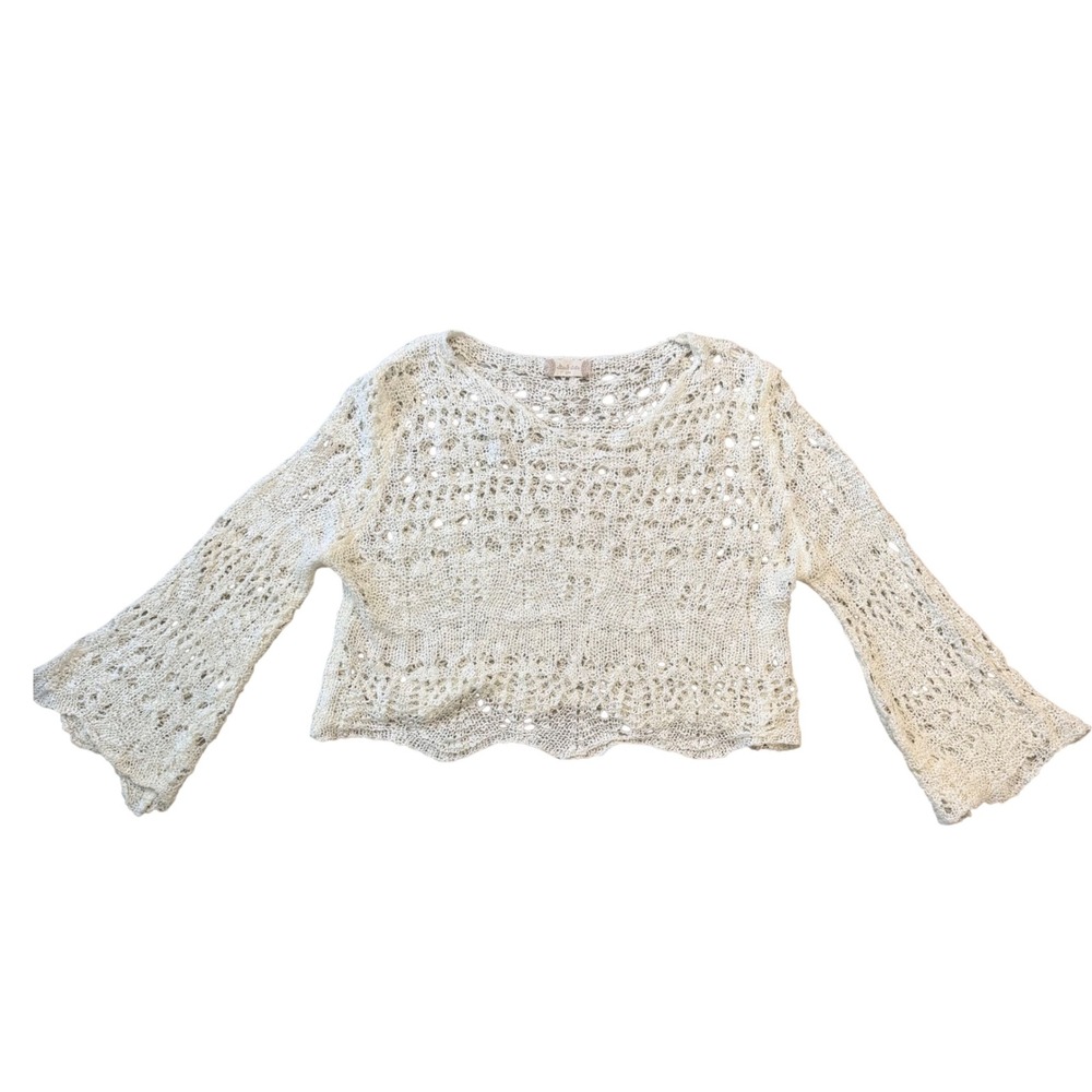 Altar'd State Ivory Crochet Knit Sweater Bell Sleeve Scalloped Crop Top S/M Boho